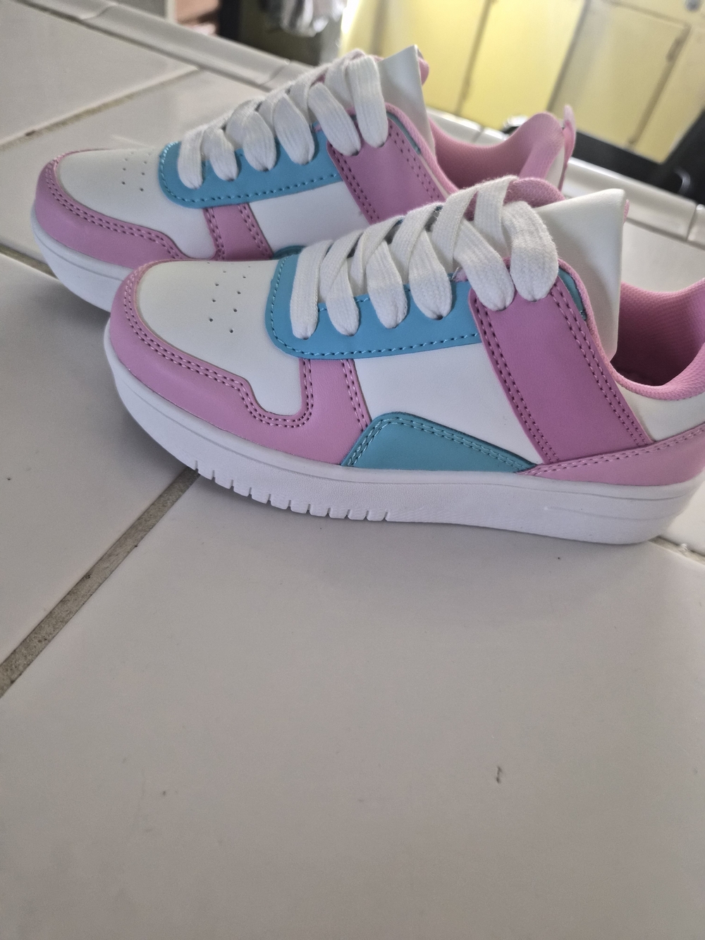Kids White Sneakers with Pink and Blue Accents - Comfortable Casual Trainers